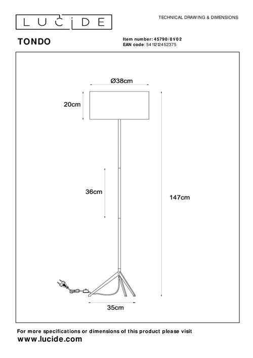 Lucide TONDO - Lampadaire - Ø 38 cm - 1xE27 - Or Mat / Laiton - technique